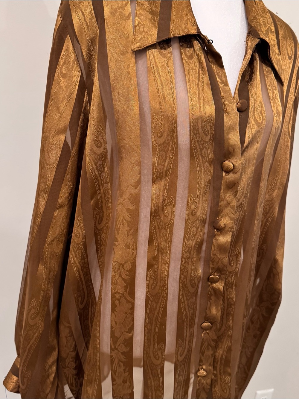 Vintage Sheer Striped Satin-Blend Shirt Jacket in Bronze MADE IN USA